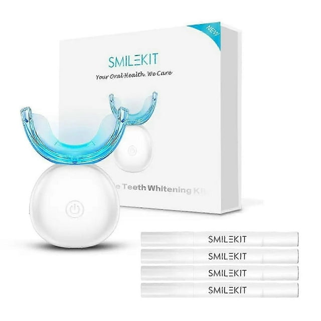 healray red light and led teeth whitening device infrared technology for a radiant smile and healthy gums (white) White wireless whitening pod with power icon and detachable double-sided translucent blue mouthpiece shown front-facing, four white gel pen tubes labeled SMILEKIT and white retail box; per product specs it uses red and infrared light, is USB-rechargeable and suitable for at-home use and travel-friendly storage.