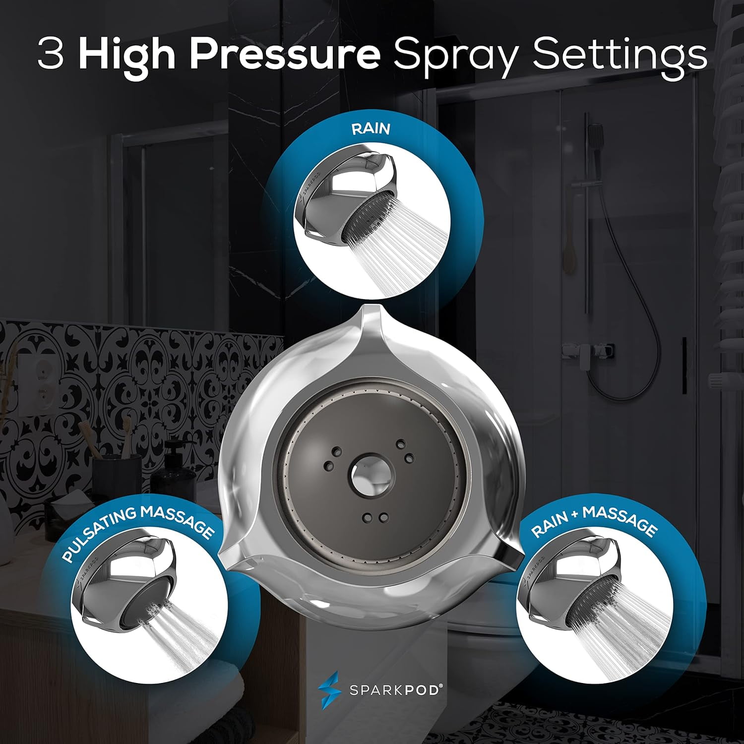 SparkPod High Pressure Shower Head, Rain, Massage & Pulsating Modes, Wall Mount Showerhead (Polished Chrome)