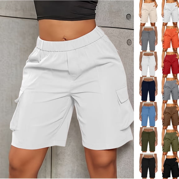 LEKWK Bermuda Shorts for Women Elastic Waist Lightweight High Waisted Cargo Shorts with Mulitple Pockets Loose Fit Bermuda Shorts Casual Travel Hiking Summer Everyday Utility Bottoms White M