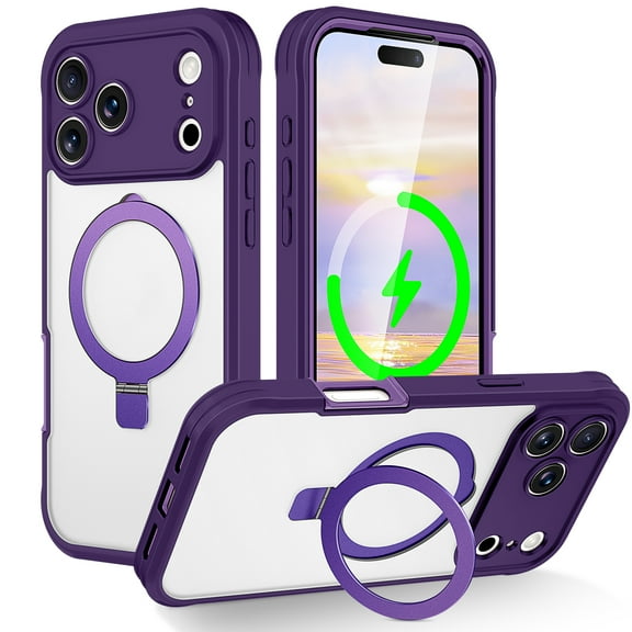 Dteck MagSafe Clear Case for iPhone 17 Pro Max with Screen Protector, Shockproof Adjustable Kickstand Transparent Back Protective Phone Cover, Darkpurple