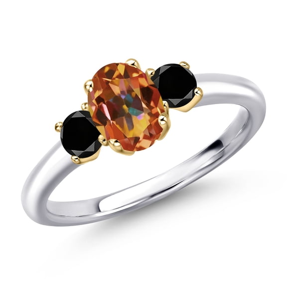 Gem Stone King 925 Silver and 10K Yellow Gold Ecstasy Mystic Topaz and Black Diamond Engagement Ring for Women | 1.34 Cttw | Oval 7X5MM | Gemstone November Birthstone | Size 6