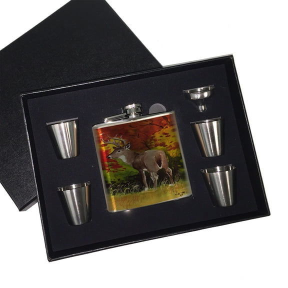 KuzmarK 6 oz. Stainless Steel Flask Set in Black Presentation Box -  Whitetail Buck in Autumn Art by Denise Every