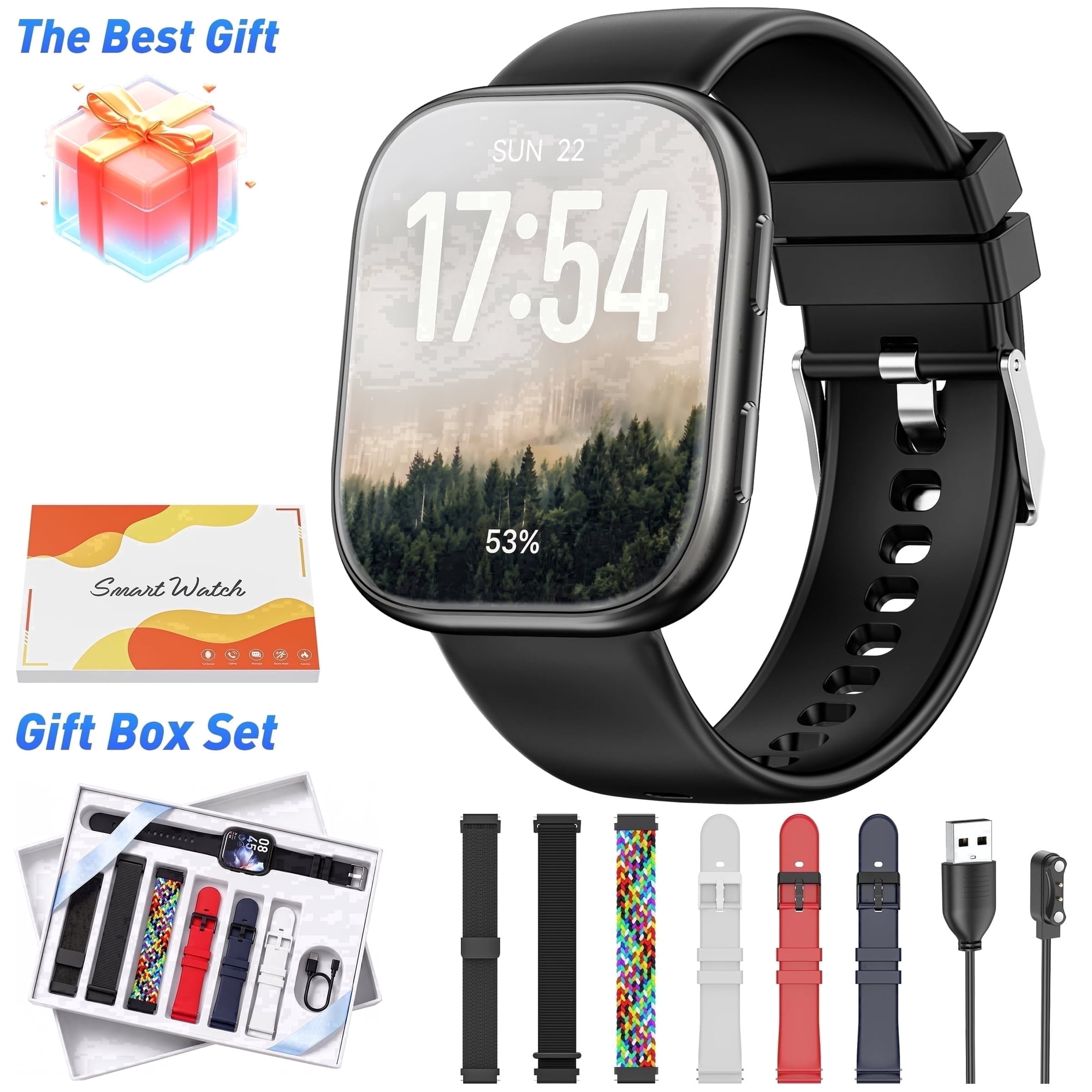 Mingdaln 7 Bands Gift Set Smart Watch Fits for Android and Iphone, Smartwatch for Women Men, 1.85" HD Fitness Tracker 120 Plus Sports Mode, Smart Watch with Bluetooth Call, IP68, Perfect gift