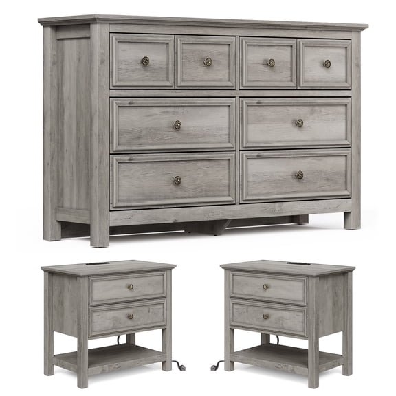 LGHM 3 Piece Bedroom Dresser Set, Modern Farmhouse Large 8 Drawer Dresser and 2 Pcs Nightstand with 2 Drawers & Charging Station, Gray Wash