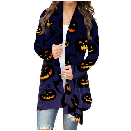 

DENGDENG Womens Plus Long Cardigan Lightweight Long Sleeve Sweatshirt Maternity Fall Plus Size Cardigans Casual Pumpkin Printed Halloween Tops Clearance Open Front Clothes Dark Blue M