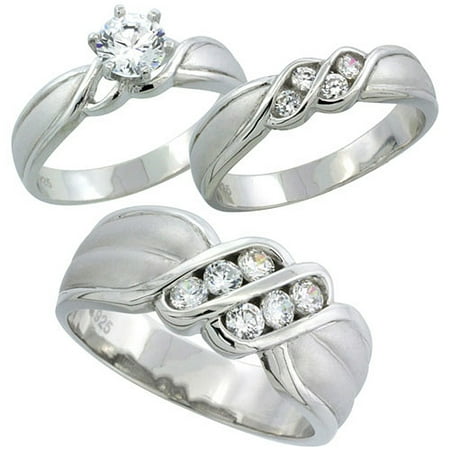 Sterling Silver Cubic Zirconia Trio Engagement Wedding 