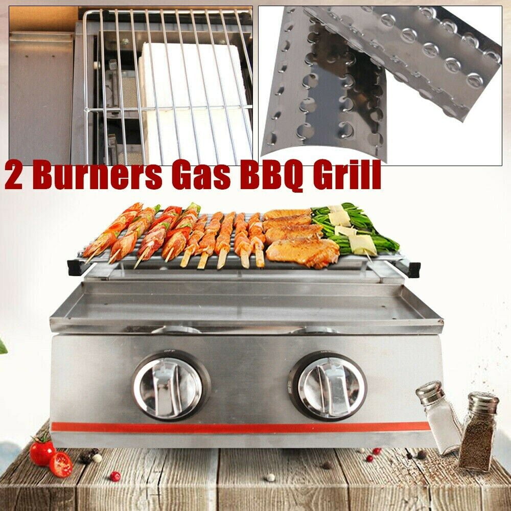 2 Burners Portable BBQ Table Top Camping Gas Smokeless Grill Stainless Steel