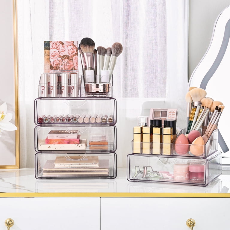 Vtopmart 4 Tier Clear Makeup Organizer with Drawer, Plastic Cosmetic Storage, Beauty Holder for Countertop and Vanity