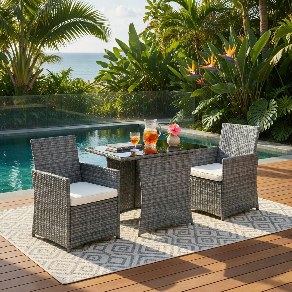 Hommoo 3-Piece Modern Patio Rattan Furniture Set, Steel Frame with Cushions, Tempered Glass Table & Ergonomic Armchairs for Balcony, Porch & Garden