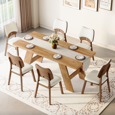 FFZ 6-Piece Dining Table Set with Solid Wood Chairs and PU Cushions Walnut+White