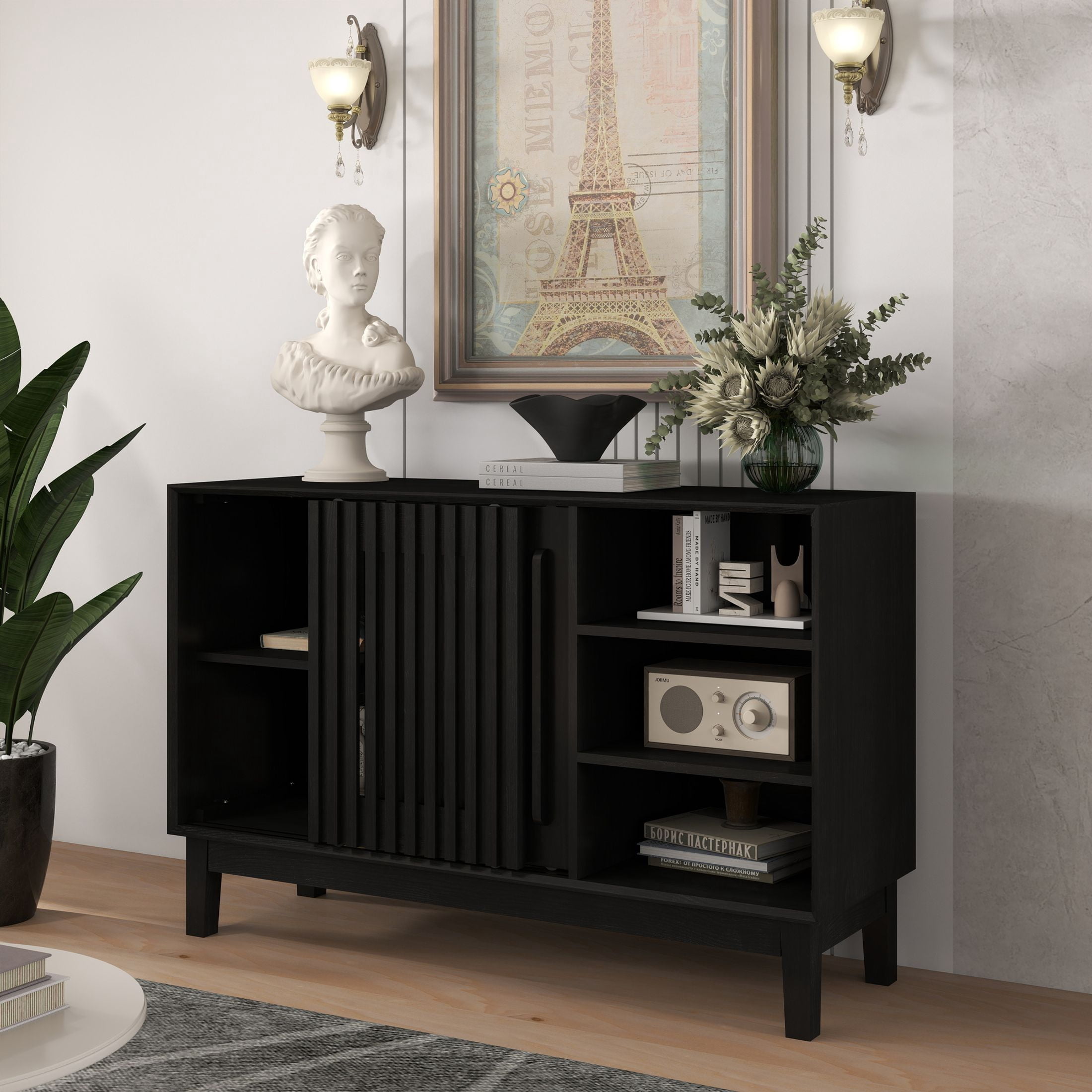 GDF Studio 47.3" Farmhouse Fluted Sideboard Buffet Cabinet with 2 Doors, Solid Wood Feet, Black