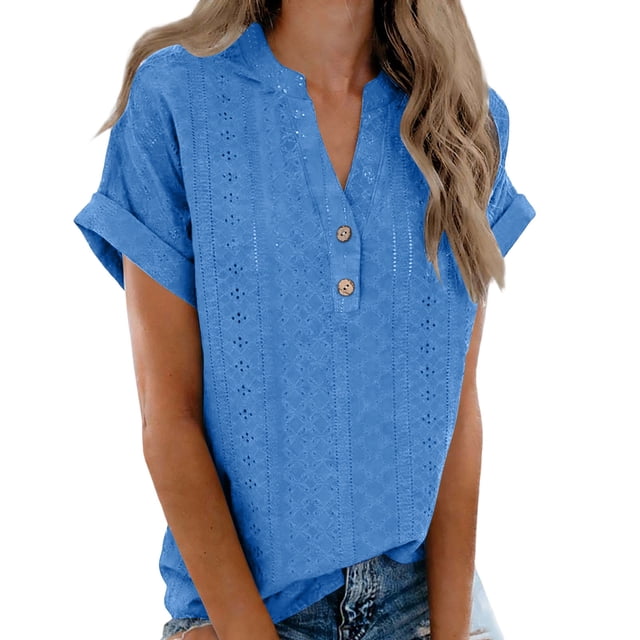 TaTaai Women’s Casual Pa Collar V Neck Button Blouse Short Sleeve Loose Fit Solid Color Printless T Shirts Soft Polyester Summer Holiday Wear Gift