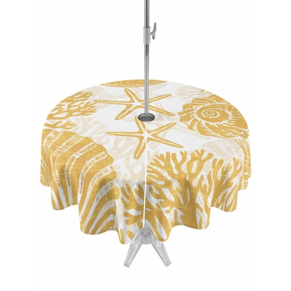Outdoor Tablecloth with Umbrella Hole & Zipper, Yellow Coastal Starfish Round Tablecloth 60 Inch, Summer Coral Shell Nautical Beach Patio Table Cover Waterproof Table Cloth for Picnic/Party