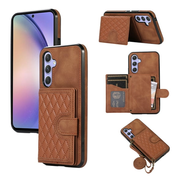 ELEHOLD for Samsung Galaxy A52, Wallet Case,Detachable Adjustable Shoulder Strap With Card Holder Shockproof Leather Kickstand Case, brown