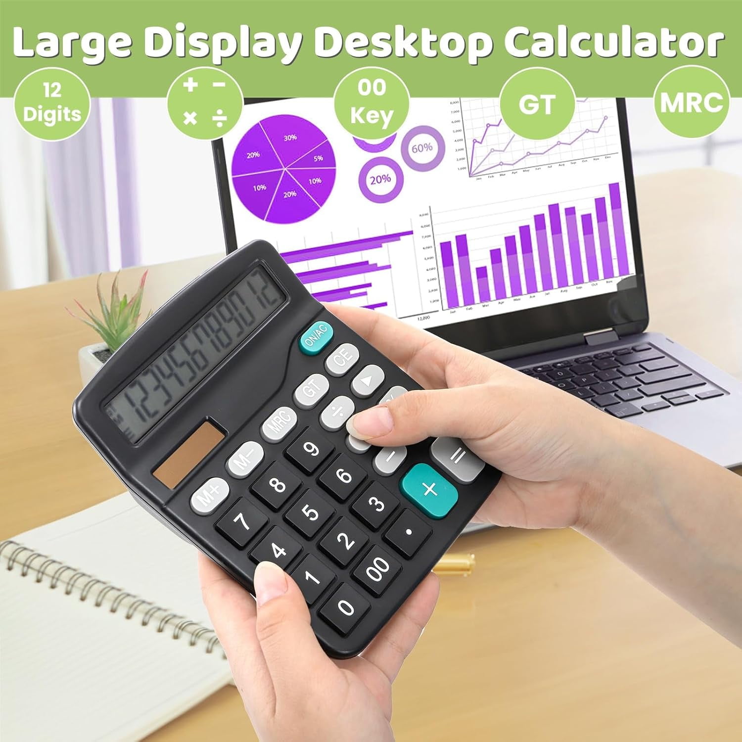8 Pack Desktop Calculator 12 Digit, Solar Battery Basic Calculators, Dual Power Electronic Calculators with Large LCD Display, Sensitive Button Handheld for Office Home School, Black