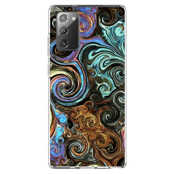 DistinctInk Clear Shockproof Hybrid Case for Galaxy Note 20 ULTRA (6.9" Screen) - TPU Bumper, Acrylic Back, Tempered Glass Screen Protector - Gold Brown Black Blue Abstract Swirls - Abstract Swirls