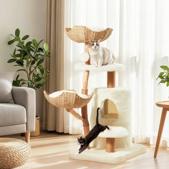 U-HOMY 52" Modern Wooden Cat Tree, Indoor Cat Condo Furniture with Scratching Posts & Multi-Level Beds, White