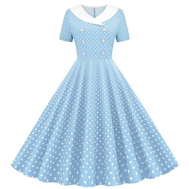 Hinvhai Robes des Années 1950 pour Femmes Liquidation Vintage Rockabilly Rétro à Manches Courtes Robe Midi Cocktail Soirée Bal de Promo Bleu P(S)