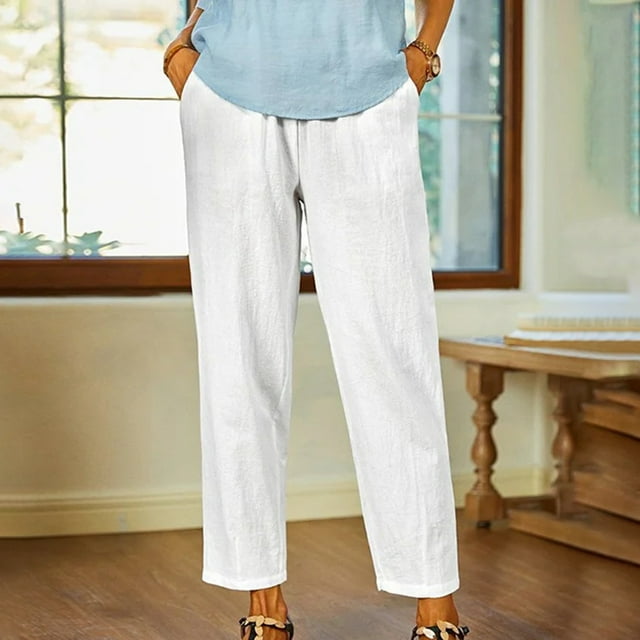 LSLJS Women's Spring and Solid Color Elastic Waist Cotton Linen Versatile Straight Tube Casual Wide Leg Pants Womens Work Pants
