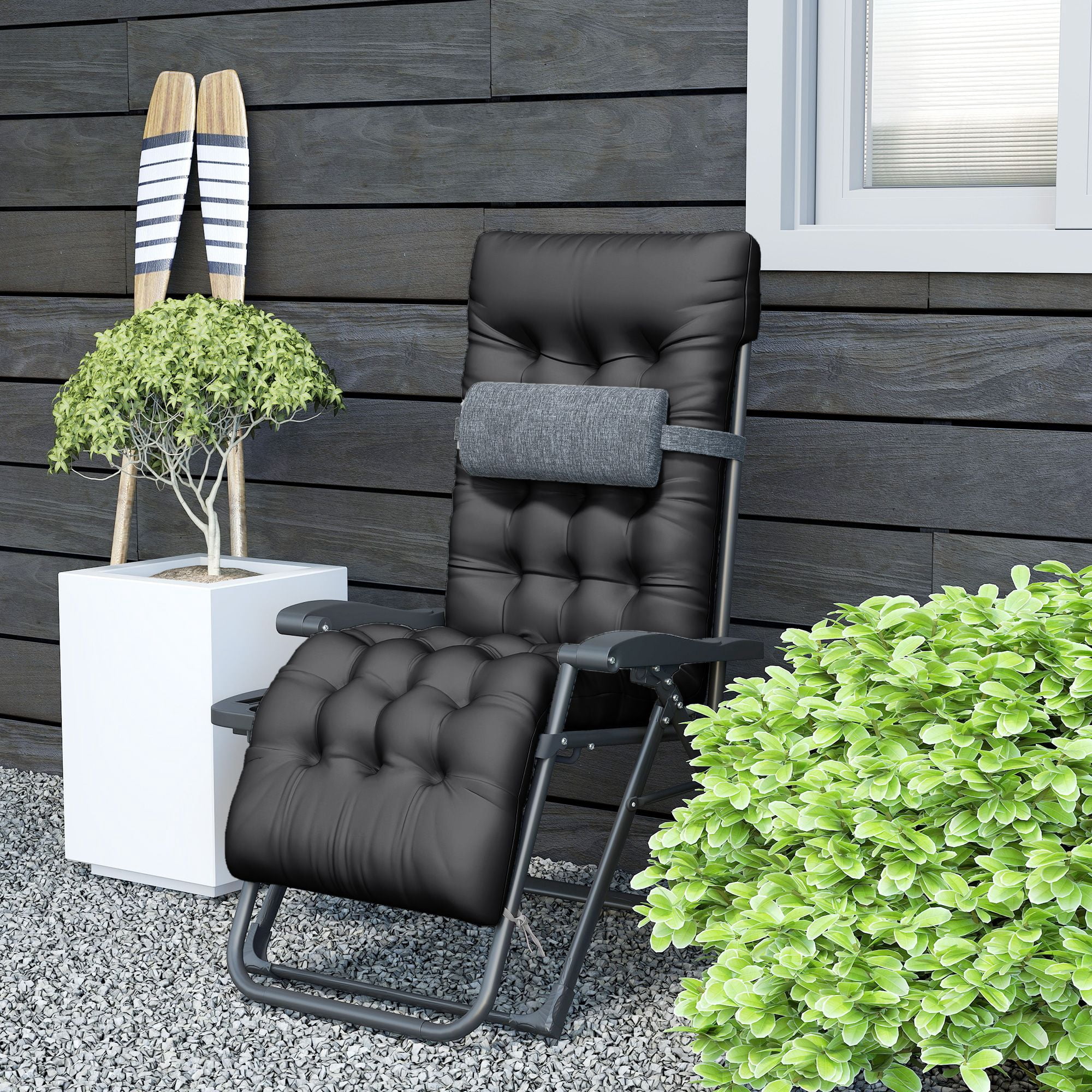 Folding Zero Gravity Lounge Chair with Detachable Thick Cushion, Lockable Reclining Outdoor Anti-Gravity Chair with Side Storage Tray Cupholders Steel Frame Supports 264lbs