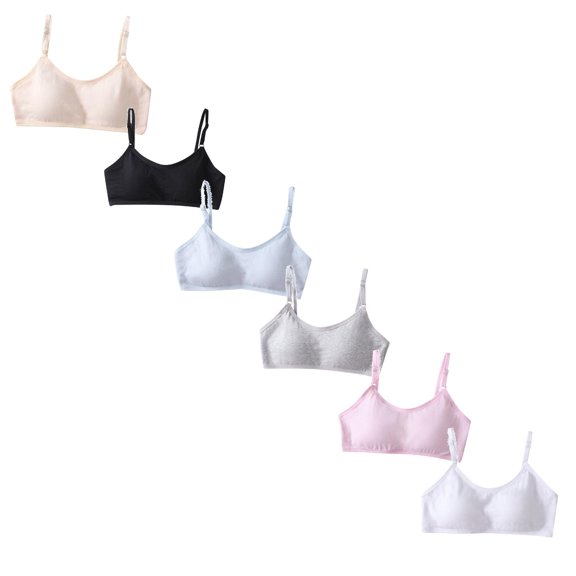 CAIXIA 6 Pack Seamless Training Bras for Girls Soft First Bra, Adjustable Girls Cami Bra Longline Crop-Double-Layer Lined