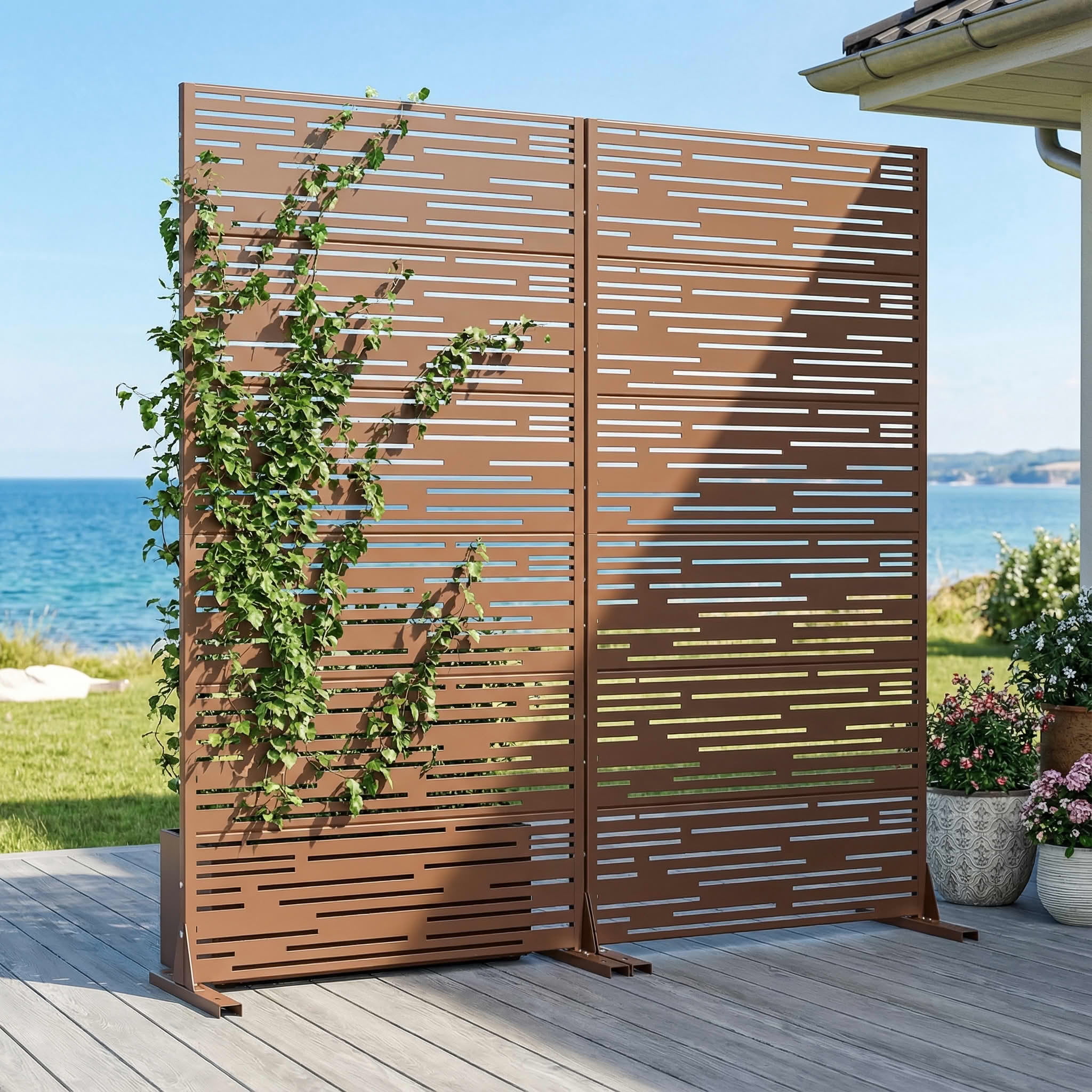 MAYEERTY 2-Piece Outdoor Metal Privacy Screen 6ft × 3ft Brown, 6-Panel Light & Shadow Pattern, Rust-Resistant for Garden
