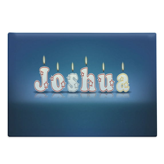 Joshua Cutting Board, Font Design as Burning Candles Surprise Birthday Party Celebration, Decorative Tempered Glass Cutting and Serving Board, Large Size, Blue and Multicolor, by Ambesonne