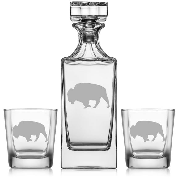 Whiskey Decanter Gift Set With 2 Whiskey Old Fashioned Rocks Glasses Buffalo