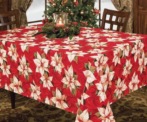 Christmas Tablecloth Poinsettia Design 70in Round Christmas Blossoms Collection 
