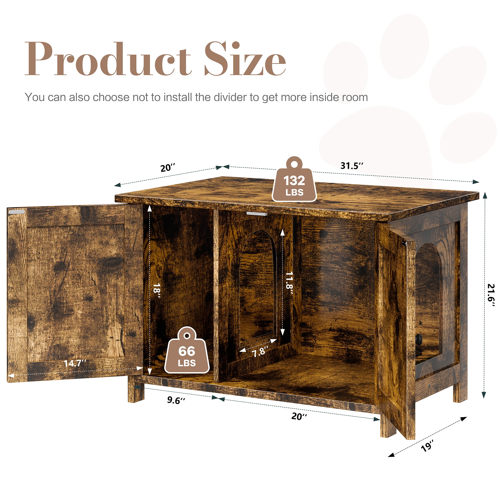 Walsunny Hidden Cat Litter Box Cat Washroom with Double Removable doors and Divider Indoor for Living Room Brown