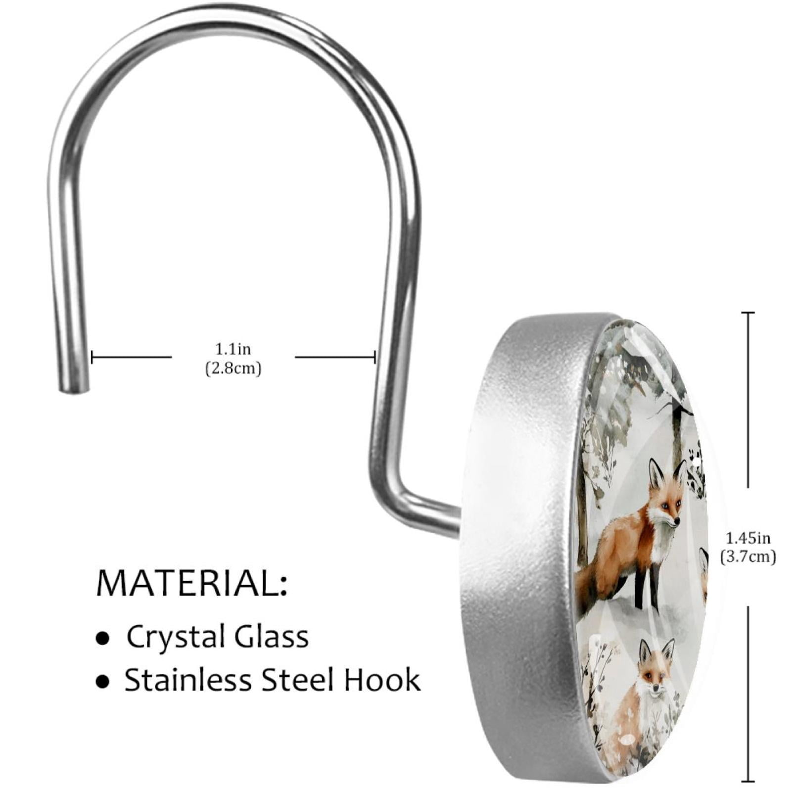 Watercolor Fox Family Shower Curtain Hooks Round Crystal Glass, Set of 12 Shower Curtain Rings - Shower Hooks for Curtain Shower Rings