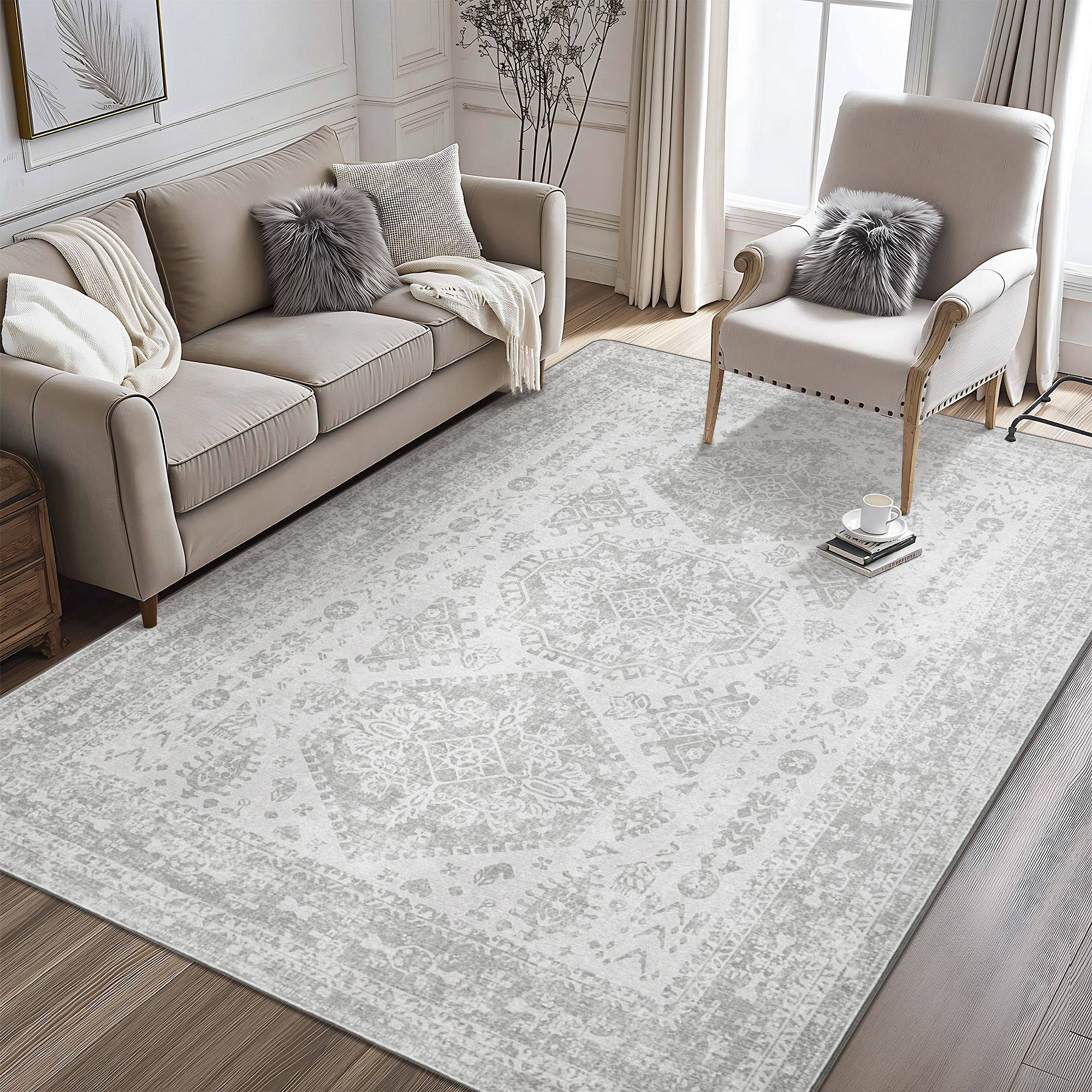 KUETH Area Rugs for Living Room 3x5 Machine Washable Bedroom Rugs Distressed Vintage Print Gray Large Throw Rug Dining Room Aesthetic, Non Slip Carpet with Gripper - image 2 of 7