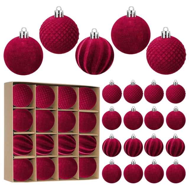 Fiudx 16 Bolas Navideñas de Terciopelo Flocadas, Adornos de Plástico para Árbol de Navidad, Adornos Colgantes Decorativos para Árbol de Navidad de 2,4 Pulgadas.