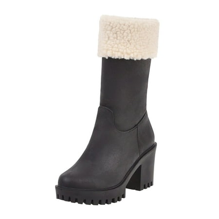 

Qufokar Water Flip Flops for Women Weather Boot Ladies British Style Solid Color Leather Plush Side Zipper Thick High Heel Fashion Cotton Boots