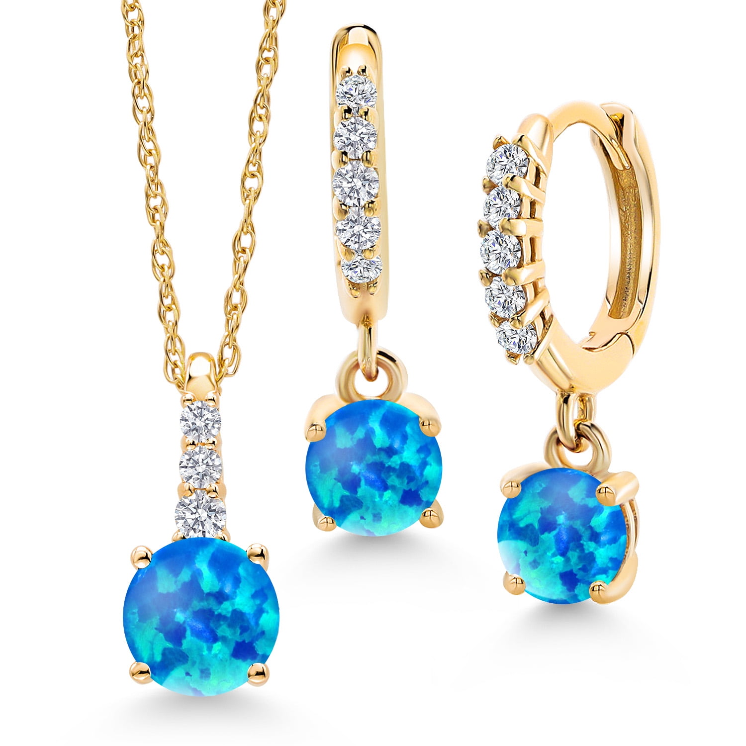 Gem Stone King 10K Yellow Gold Simulated Blue Opal and Lab Grown Diamond Pendant Earrings Jewelry Set for Women | 1.13 Cttw | Gemstone October Birthstone | Round Cabochon 5MM | with 18 inch Chain