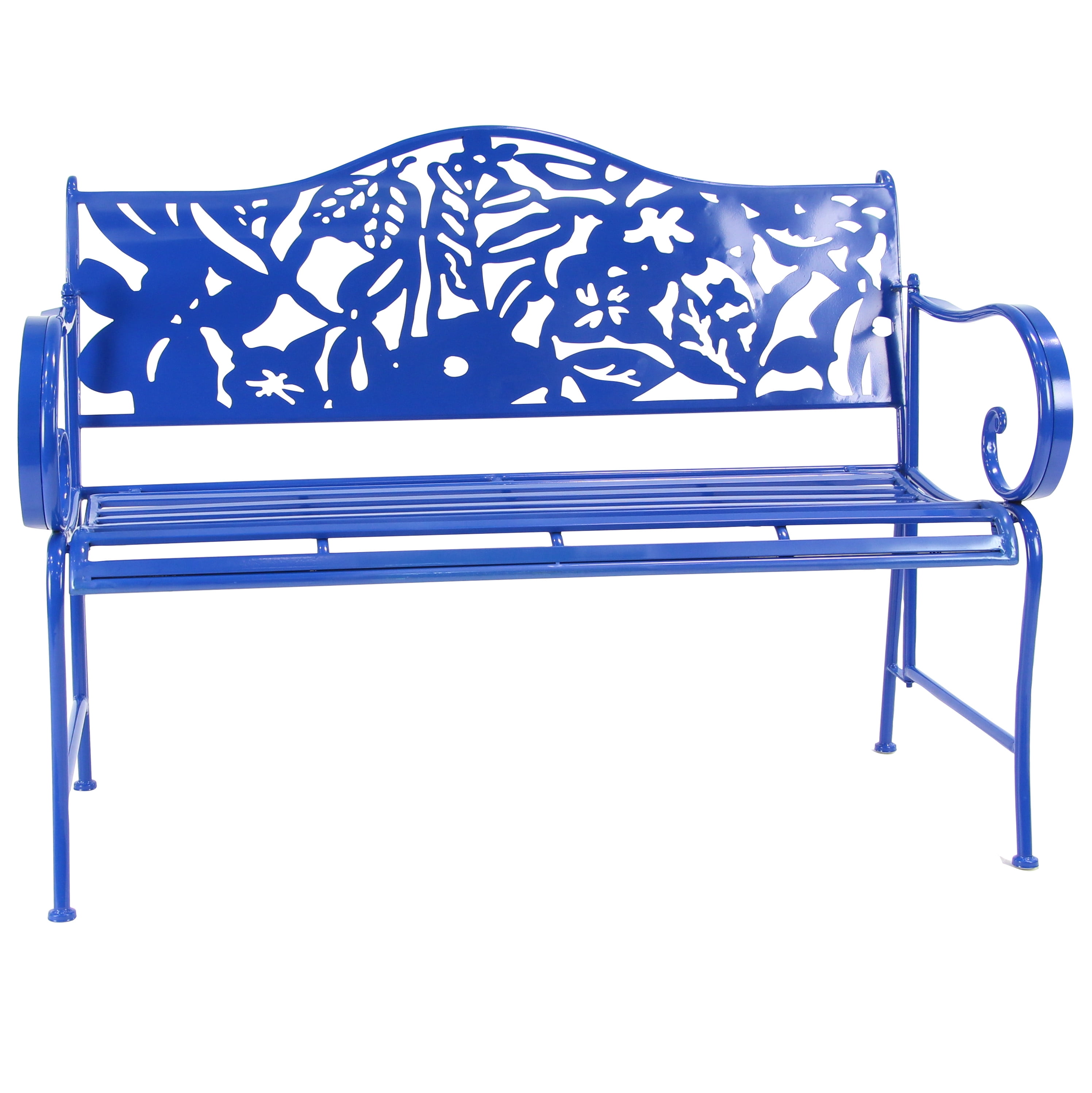 blue metal garden bench