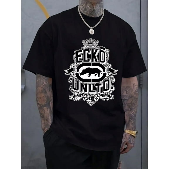 Men's Casual Short Sleeve Crew Neck T-Shirt, White with Black "ECCO UNITO" Print - Ideal for Summer Outdoor Activities, Lightweight Polyester Blend Fabric, Shirts for Summer