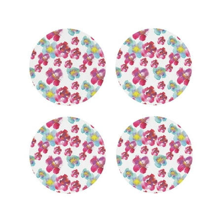 

Coasters Set of 4 - Pink watercolor flowers Drink Coasters for Tabletop Protection Leather Coasters for Living Room Decor and Housewarming Gift Round Shape