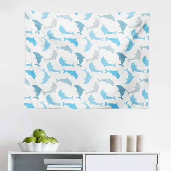Sea Animals Tapestry, Sketch of Bottlenose Dolphins Playing Laughing in The Ocean Sea Life Print, Fabric Wall Hanging Decor for Bedroom Living Room Dorm, 2 Sizes, Turquoise White, by Ambesonne