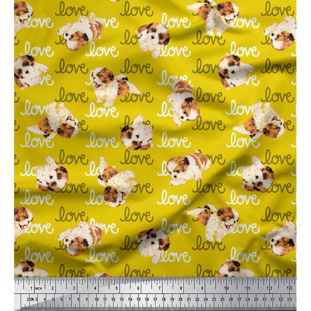 Soimoi Cotton Poplin Fabric Love Text & Puppies Dog Print Sewing Fabric Yard 42 Inch Wide