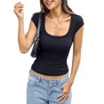 thumbnail image 3 of Women Cotton Ribbed Scoop Neck Short Sleeve Shirts Cap Sleeve Slim Fit T-Shirt Basic Summer Going Out Top, 3 of 9