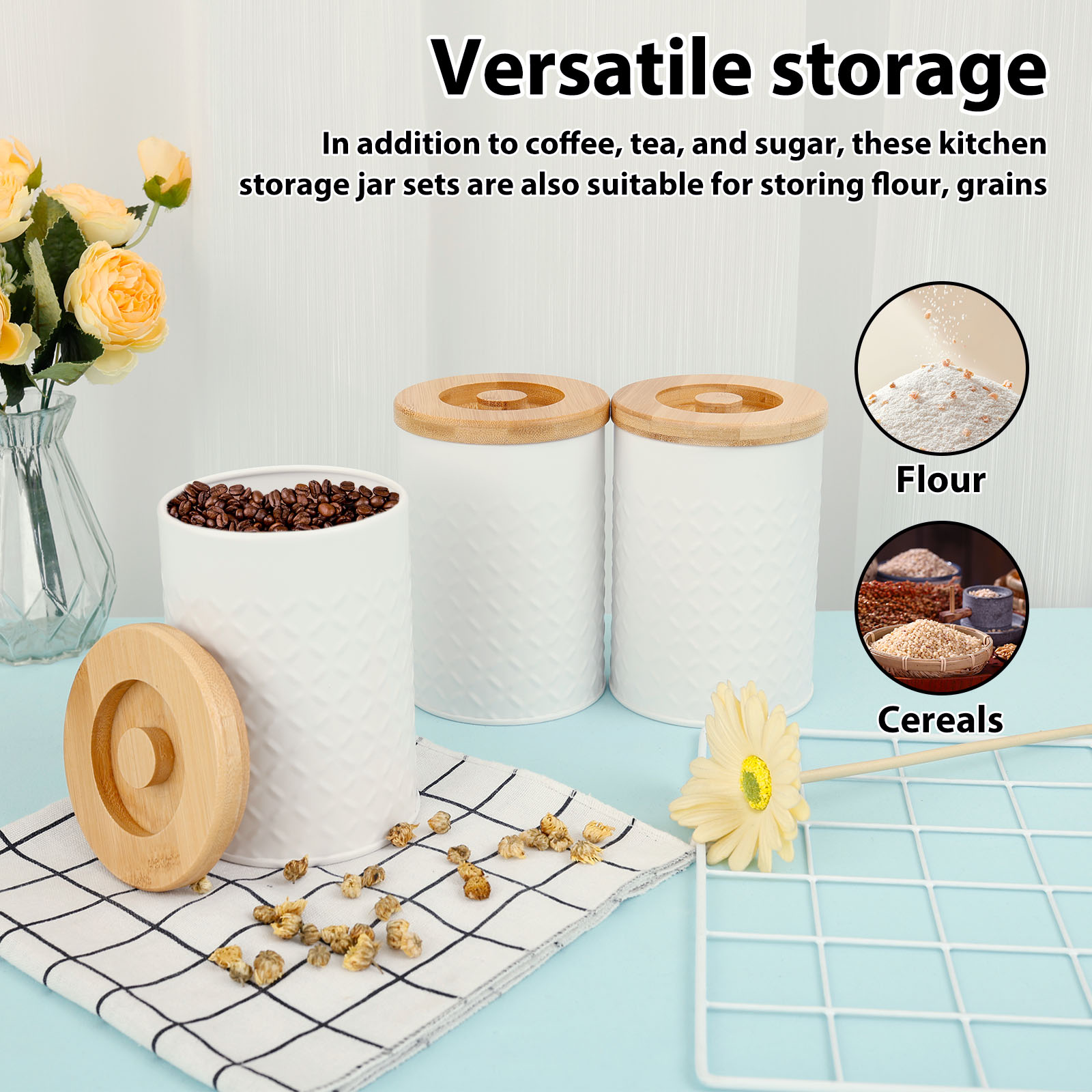 Grusce 3 Pack Ceramic Kitchen Canister Set for Sugar Coffee Tea, Airtight Food Storage Jars with Bamboo Lids, White Ceramic Storage Jar Kitchen Canister, Decorative Storage Pots for Countertop