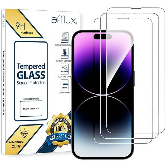 UrusTech 3 Pack Glass Screen Protector for iPhone 14 Pro Max, HD Clear Tempered Glass, Shatterproof, Rounder Edges, In Hard Retail Box, Easy Install