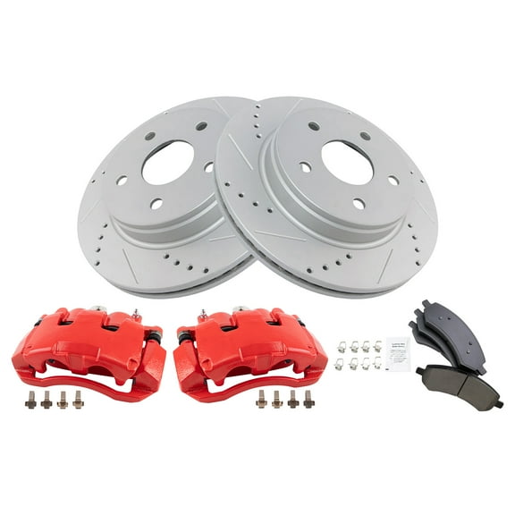 TRQ Front Performance Brake Pad & Rotor Kit Brake Caliper Brake Pads Brake Rotors Set Ceramic Premium G-Coated Red Fits Select 2006-2008 Dodge Ram 1500