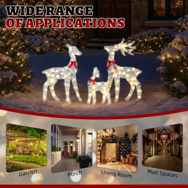 3-Pack Lighted Christmas Reindeer Family Decorations - 110 Warm White LEDs, Buck/Doe/Fawn with Red Bows, Collapsible for Indoor/Outdoor Use