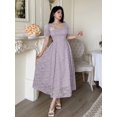 thumbnail image 3 of Lilac Purple Womens Square Neck Puff Sleeve Fit & Flare Midi Dress With 3D Floral Embellishment, 3 of 6