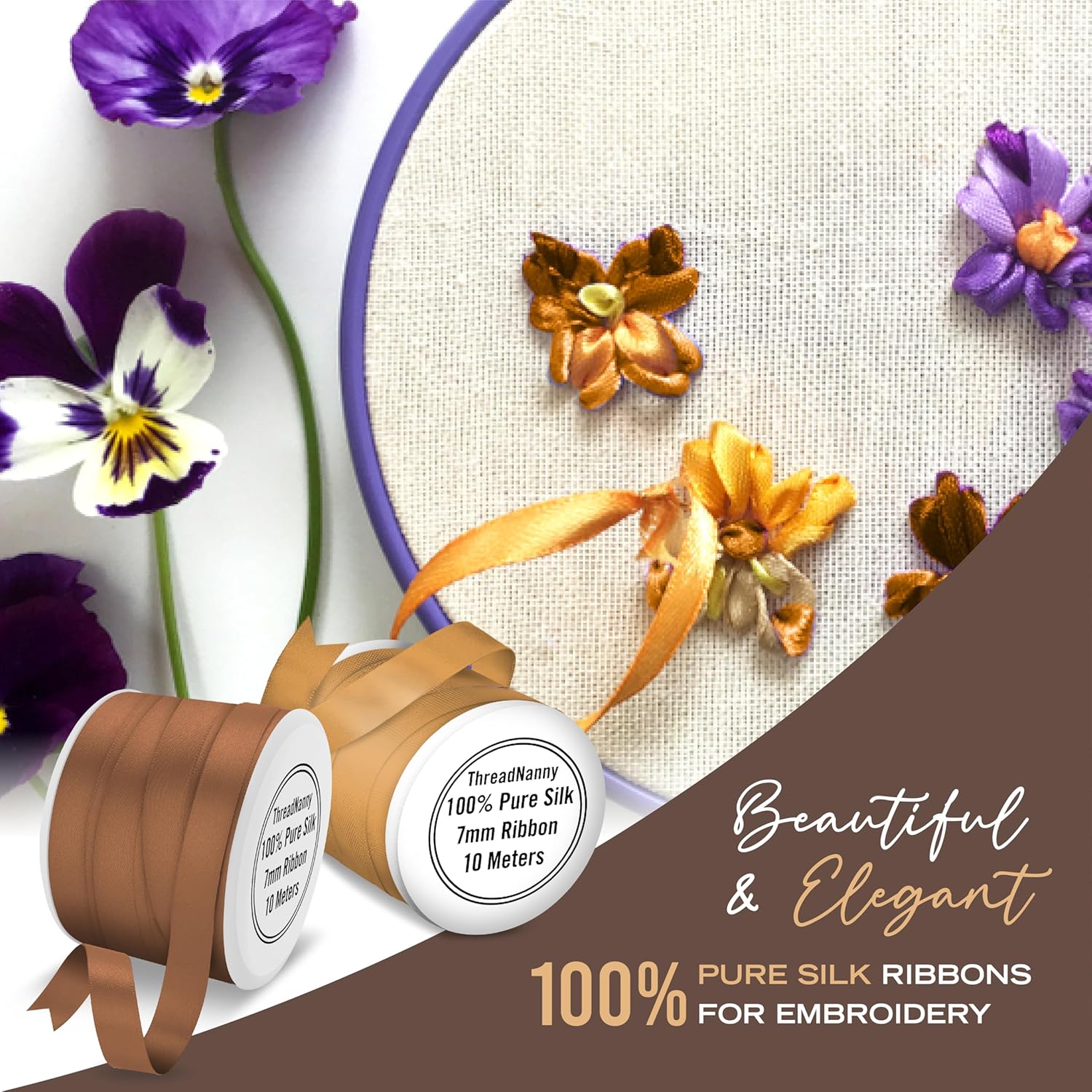 New 7mm Size ThreadNanny 6 Spools of 100% Pure Silk Ribbons - Brown Tones - 60 MTS x 7mm