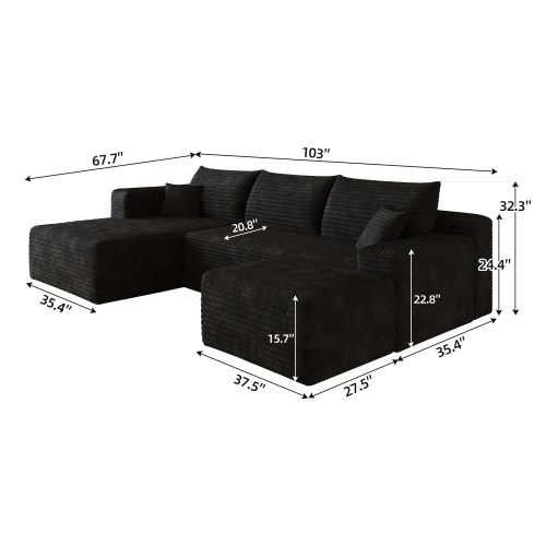 103" Cloud Sectional Sofa, Modern L Shaped Deep Seat Couch, Plush Corduroy Upholstered Sofa No Assembly, Living Room
