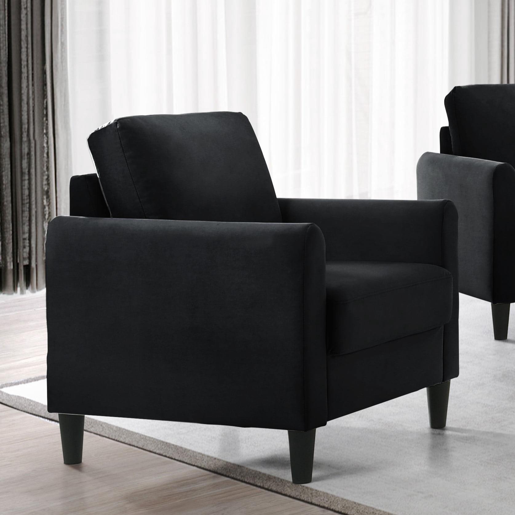 Home Design Airell Velvet Arm Chair with Plush Armrests and Sleek Black Legs, Modern Upholstered Design for Living Room, Black