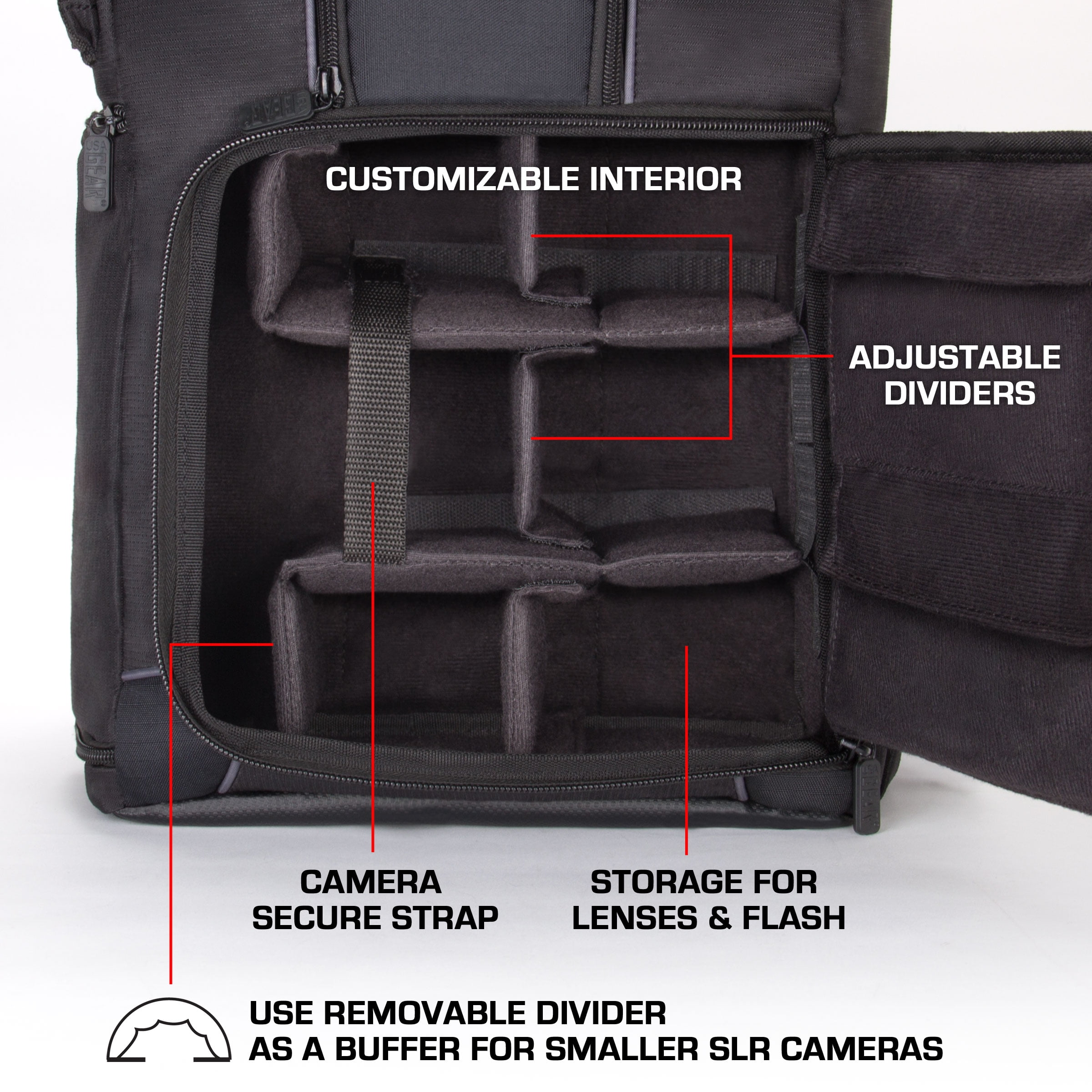 USA GEAR Digital SLR Camera Backpack Case w/15.6" Laptop Compartment featuring Padded Custom Dividers, Tripod Holder, Rain Cover. Long-Lasting Durability & Storage Pockets - Compatible w/Many DSLRs